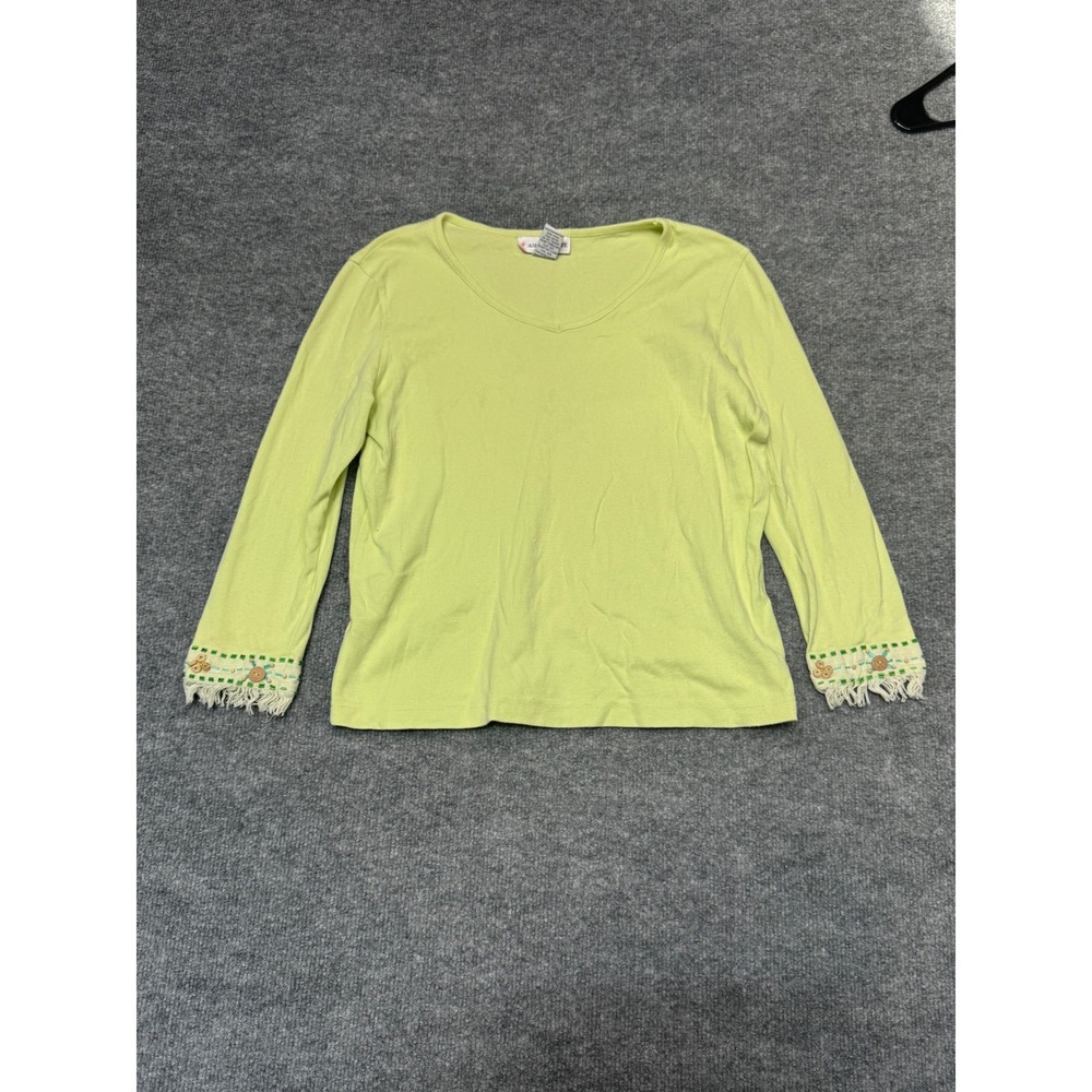 Ashlyn Kate Lime Green‎ Cotton Top Medium Boho Embellished Fringe Cuff V-Neck